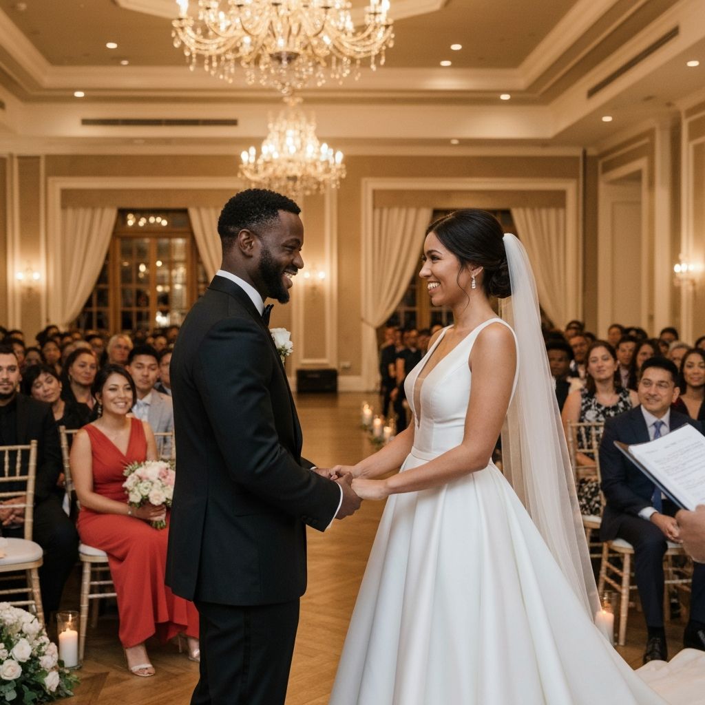 Elegant interracial wedding ceremony with diverse guests