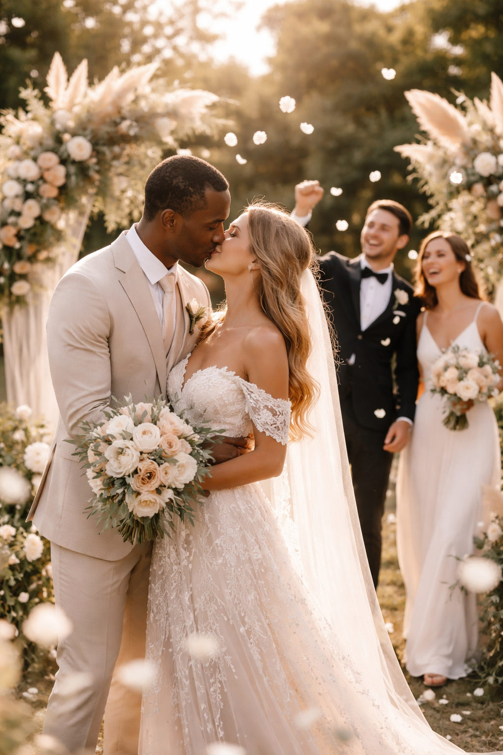 Interracial couple celebrating at outdoor garden wedding ceremony with guests