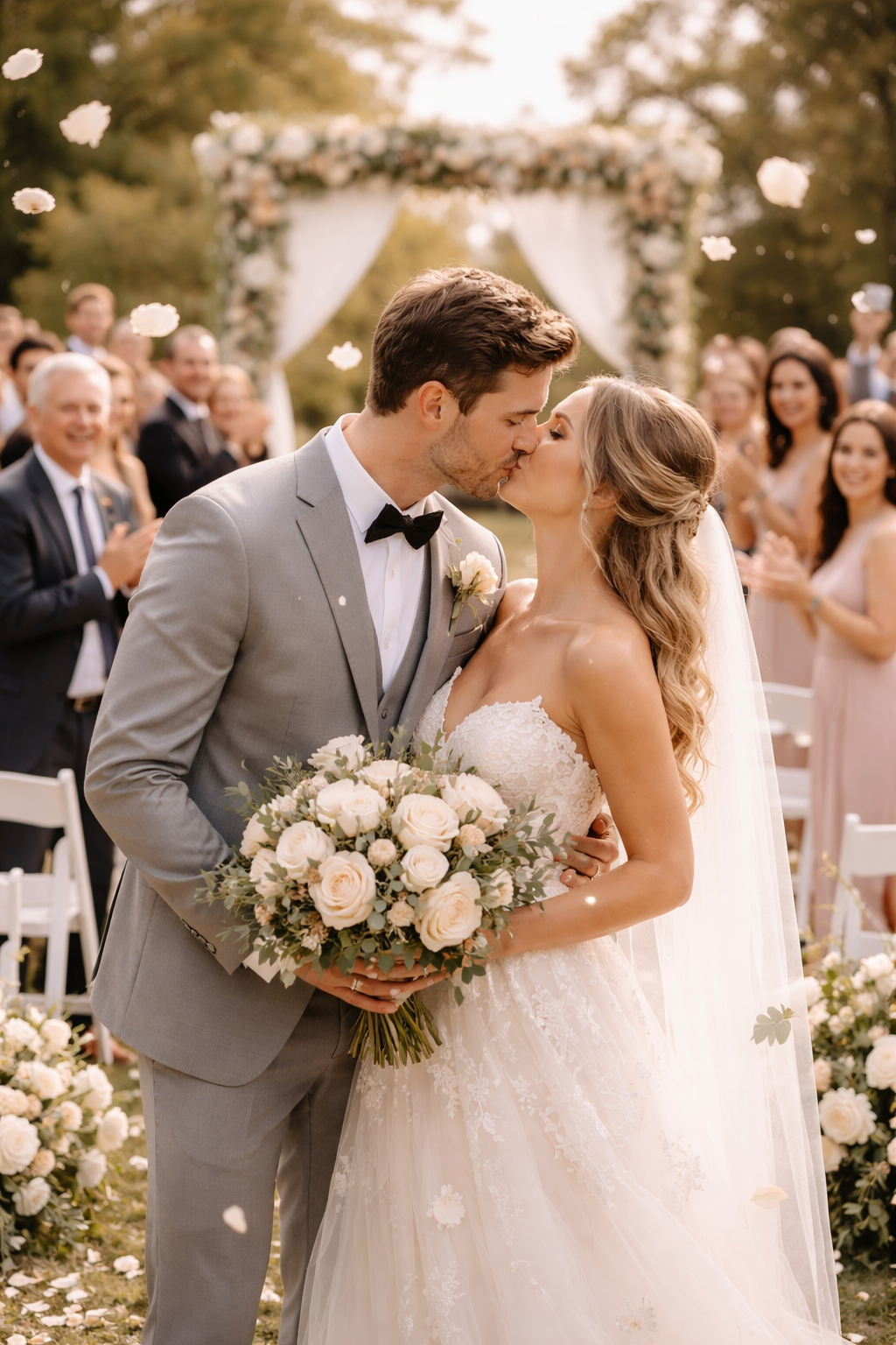 Beautiful couple kissing at elegant outdoor wedding with floral arch