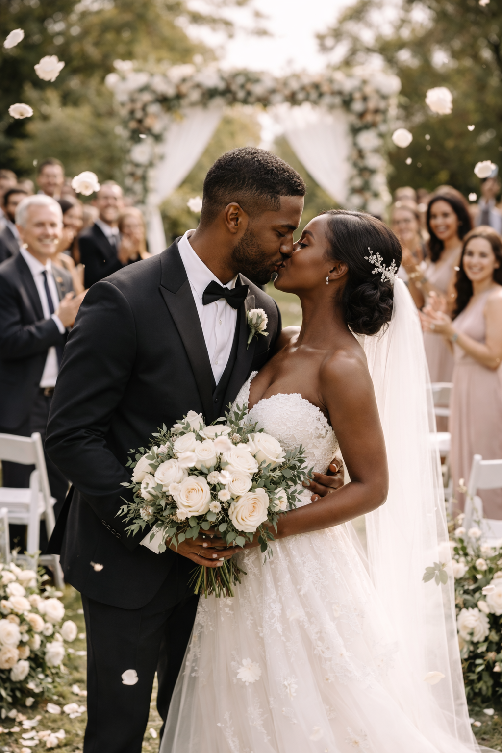 Black couple sharing romantic moment at luxury garden wedding ceremony